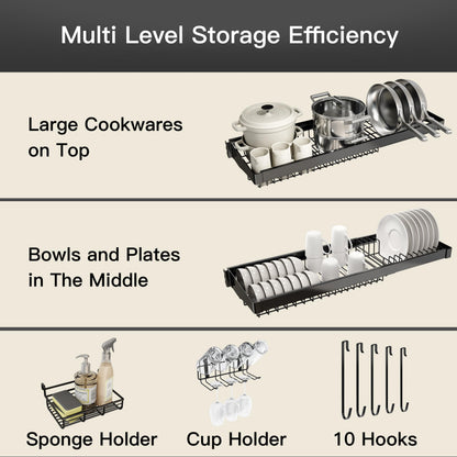 3 Tier Extra Large Stainless Steel Expandable Over The Sink Dish Drainer Drying Rack, Rust Proof Metal, Space Saving, Modern Black Big Capacity Extendable Plate Strainers Above Kitchen Counter