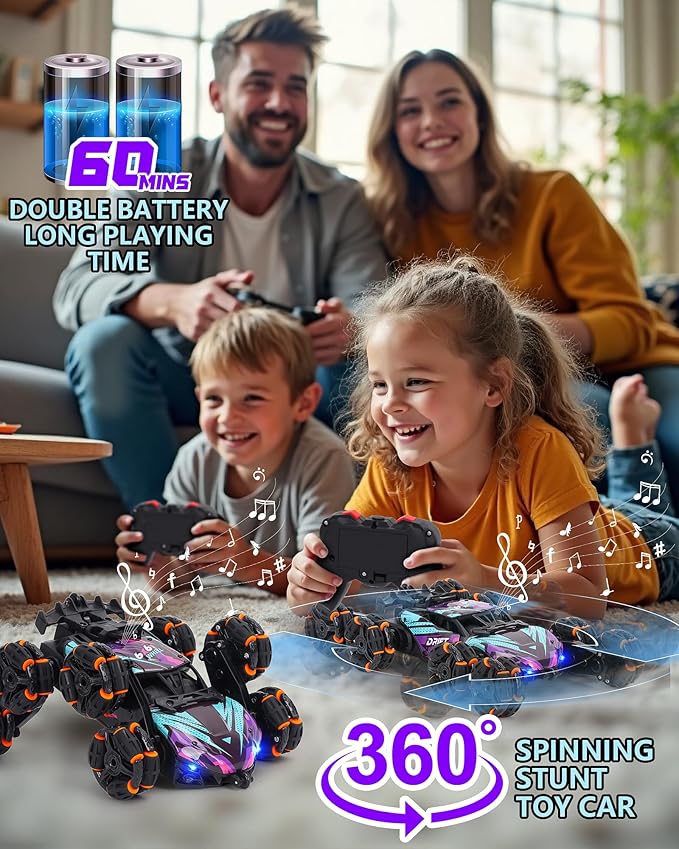 HuiJuKeJi 8WD RC Stunt Car with Gesture Sensing &amp Spray 2.4GHz Hand-Controlled Remote Control Car Toy with Light/Music Auto-Demo Mode Vehicle for Kids Ages 6-14 Birthday
