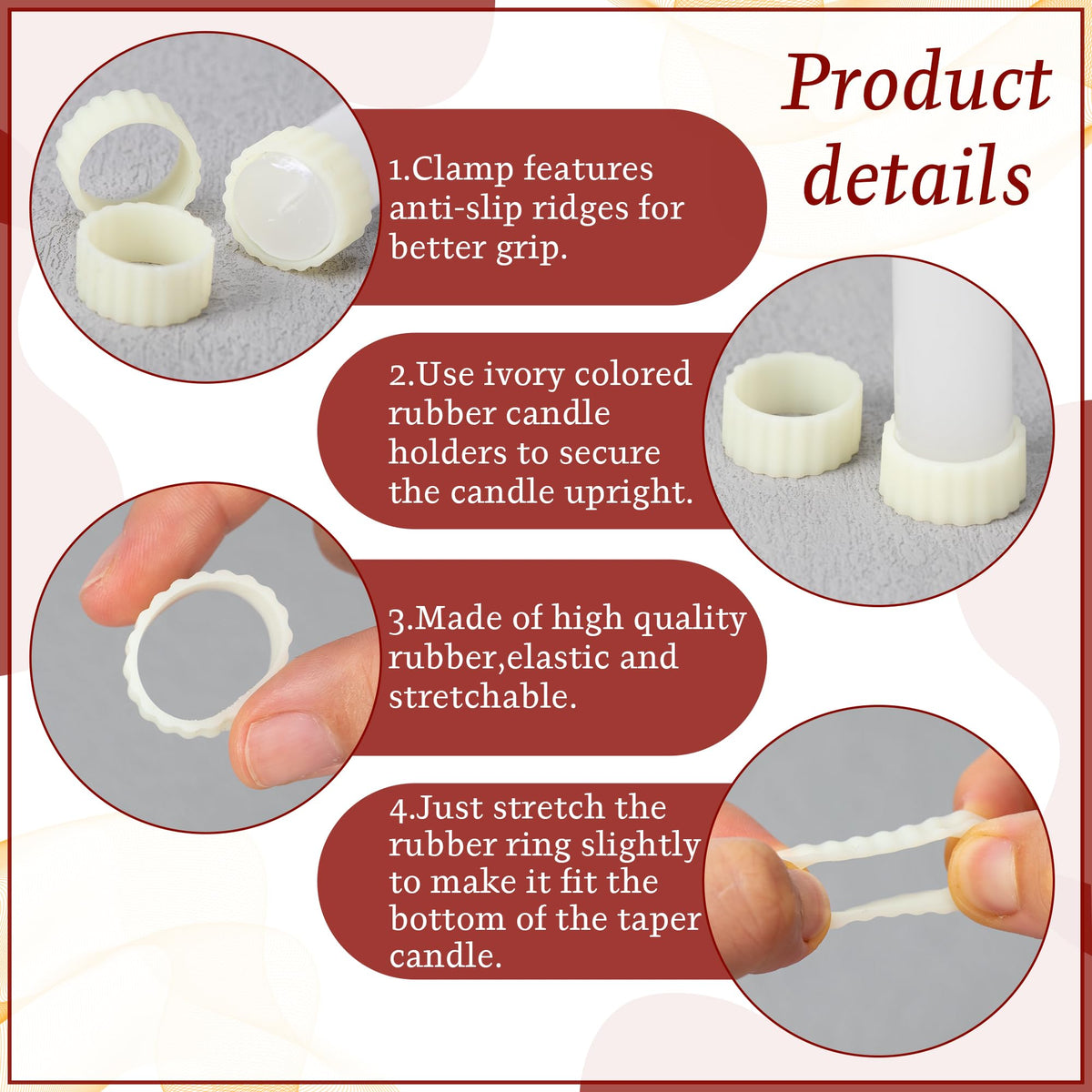 Funria 12pcs Silicone Rubber Candle Grippers - Non-Slip Adapter Hugger Rings for Taper Candles, Holders & Cups, Drip Protector to Keep Bougie Upright for Tapers and Candles