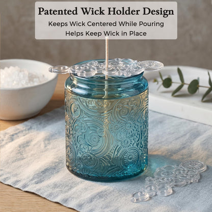 9-Pack 8oz Embossed Glass Candle Container with Bamboo Lids and Labels, Blue Candle Jars for Making Candles, Sun Moon Star Design