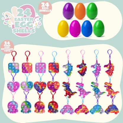JOYIN 24 Pcs Pre Filled Easter Eggs with pop Keychain Toys for Easter Theme Party Favor, Pop Fidget Stress Relief Squeeze Bubble for Eggs Hunt, Classroom Exchange and Game Prize Supplies