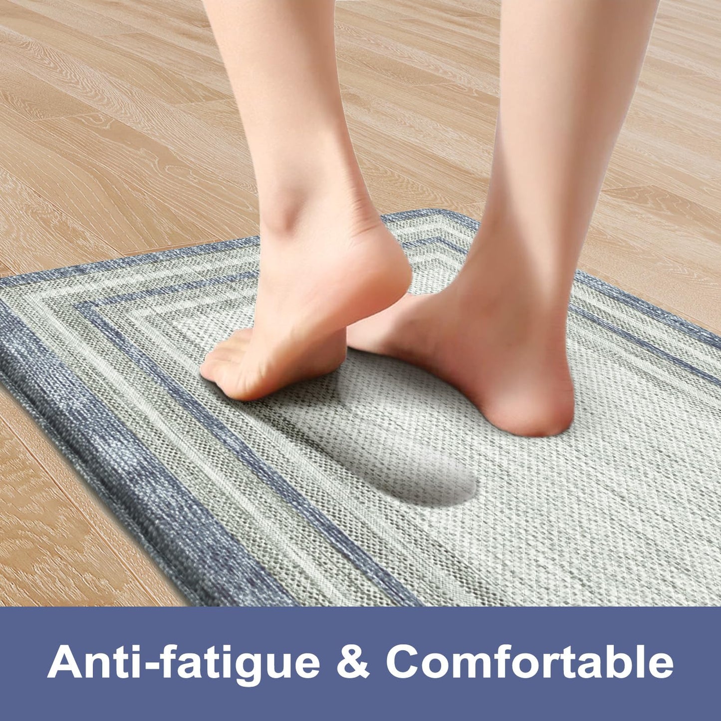 KIMODE Anti Fatigue Kitchen Mats, 17.3" x 29" Farmhouse Kitchen Rugs, Cushioned, Non-Slip Waterproof Comfort Thick Kitchen Floor Standing Mat for Corner Sink, Laundry Floor, Blue and Gray