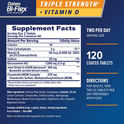 Osteo Bi-Flex Triple Strength with Vitamin D Glucosamine Chondroitin Joint Health Supplement, Coated Tablets, Red, 120 Count