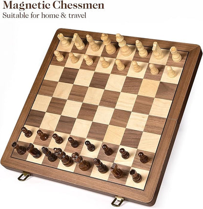 15 Wooden Chess Set with Magnetic Pieces - Extra Queens - Folding Chessboard Portable Travel Tournament Chess Board Games for Adults Kids