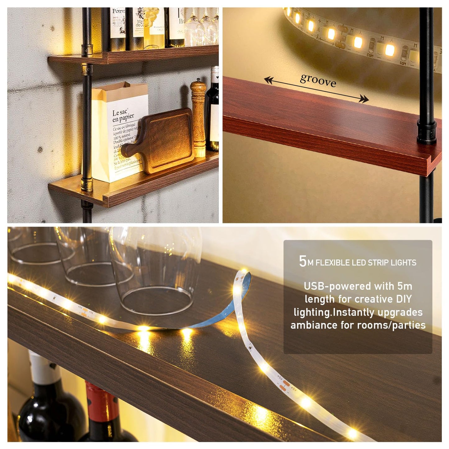 55" Modern Wall Mounted Wine Rack with LED Lights, 3-Tiers Industrial Pipe Liquor Floating Shelves, Rustic Metal Wall Wine Rack for Home, Restaurant, Commercial Bar, Kitchen Storage Display