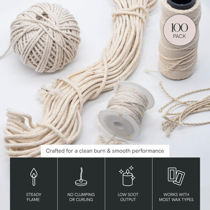 EAP Innovations Cotton Core Candle Making Wicks 6", Ideal for Votives, Pillars, and Containers, All-Fiber Wicks for Candle Making, Steady and Clean Burn, Size 51-36-18C, Pack of 100