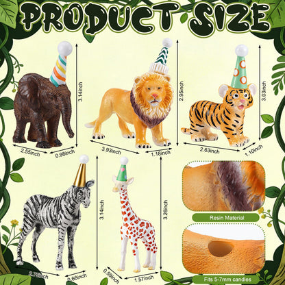 BrightRow 5 Pcs Safari Jungle Animal Cake Candle Holders Resin Animals Figures Cake Topper Birthday Party Decor Giraffe Lion Elephant Zebra Tiger Candle Stands for Wild Animals Themed Party Decor