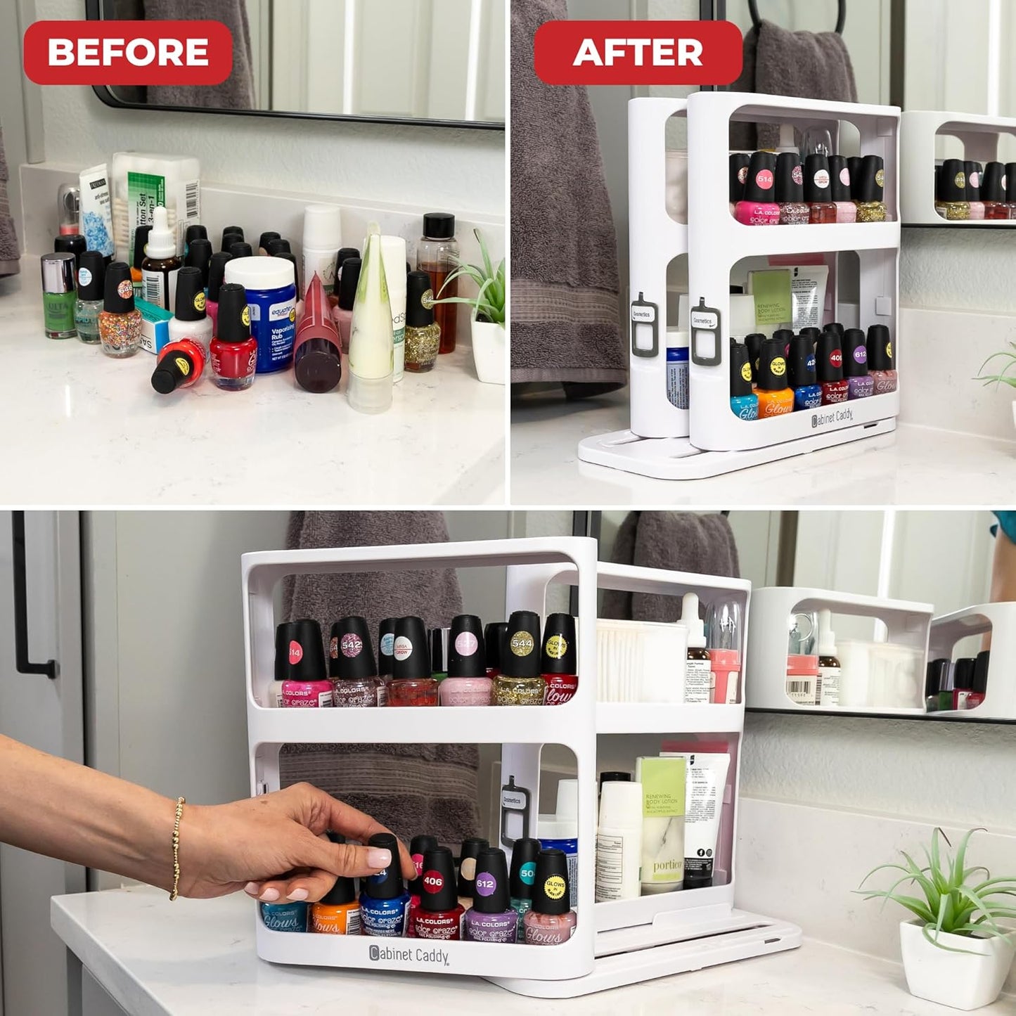 Cabinet Caddy Spice Rack Organizer for Cabinet - Slide & Rotate Kitchen Organizers and Storage - 2 Double-Decker Shelves - Non-Skid Base - Magnetic Modular Design - 10.8" H x 5.25" W x 10.8" D