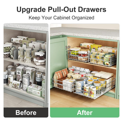 Pull out Cabinet Organizer, Stainless Steel 2-Pack Slide out Drawer with Silent Full-Extension Slides, Adhesive Roll out Can Spice Storage Basket Shelf Rack for Pantry, Kitchen, Bathroom, Home Closet