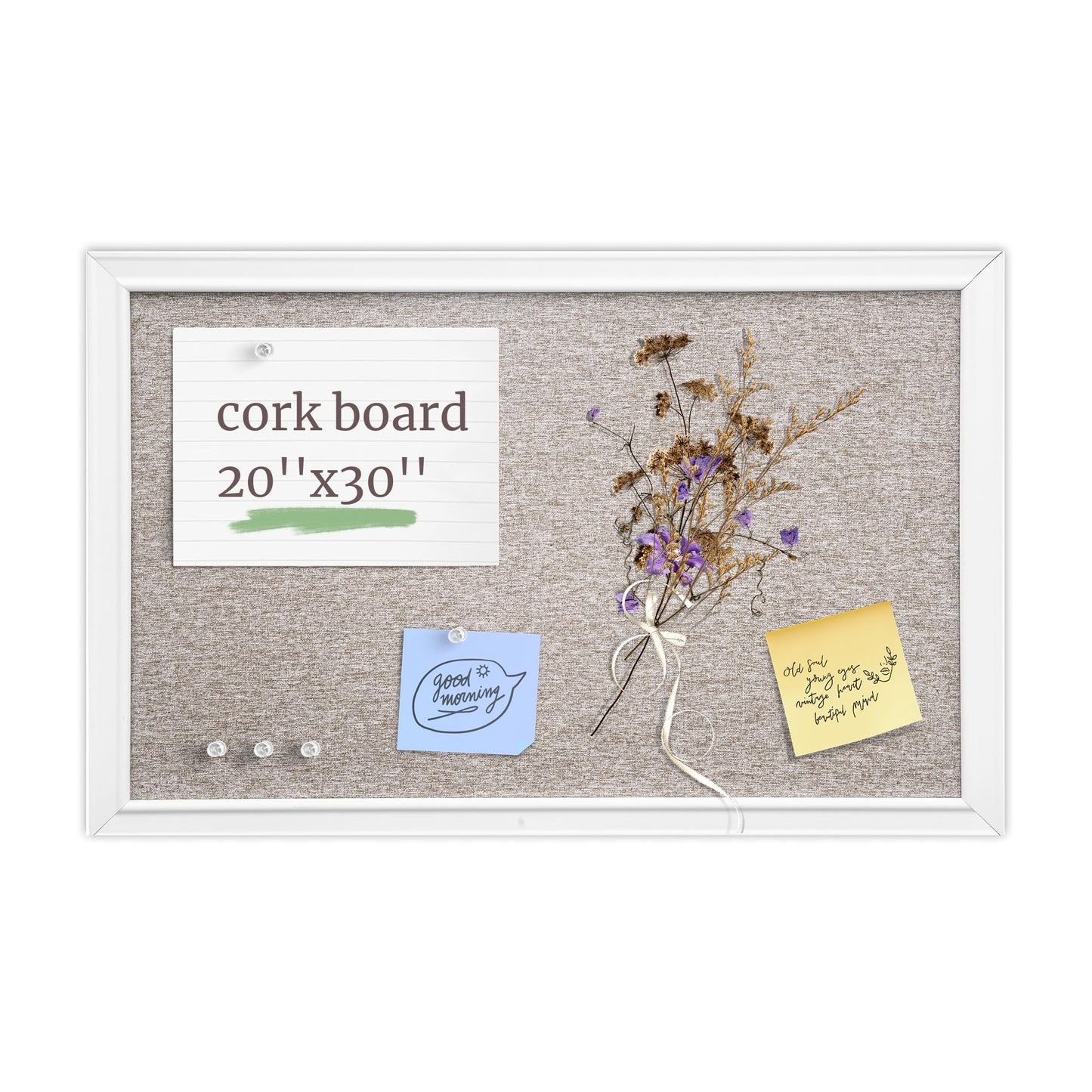 VUSIGN Linen Bulletin Board, 30'' x 20'' Large White Cork Board Decorations, Wall Mounted White Framed Cork Boards, Fabric Pin Boards for Walls with 10 Pushpins for Home, School, Office