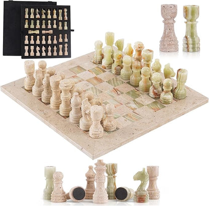 Marble Chess Set 12 Inch Handmade Travertine and Green Board Games for Adults with Storage Box Classic Table Chess Board with Pieces &amp 2 Extra Queens Gifts &amp Home Décor