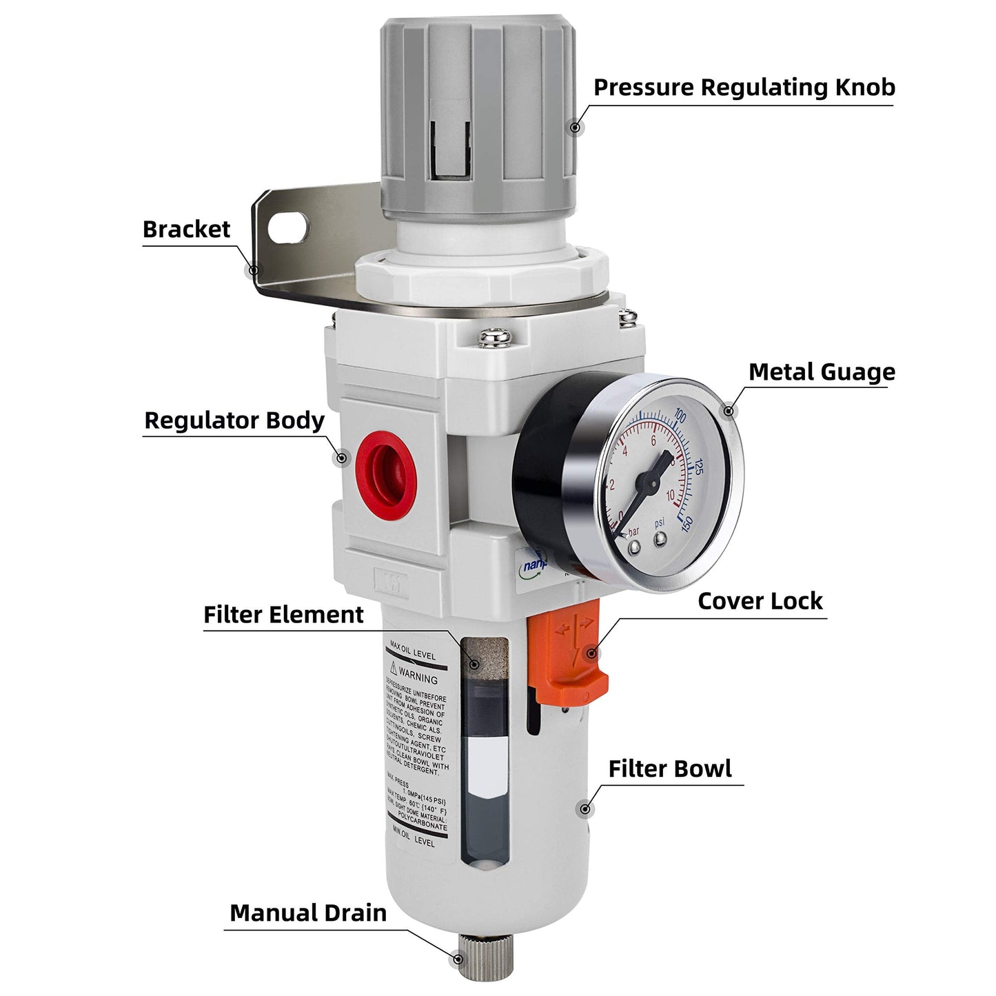 NANPU 3/8" NPT Compressed Air Filter Regulator Combo Piggyback, 5 Micron Brass Element, Poly Bowl, Semi-Auto Drain, Metal Bracket, 0-150 psi Gauge