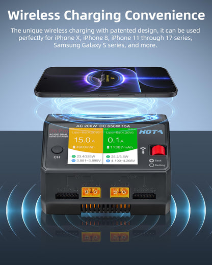 HOTA D6 Pro Lipo Battery Charger,Dual Channel 15A AC200W DC650W Smart Balance Charger with Wireless Charging Panel USB Output for 1-6S LiPo LiHV NiMH Pb Batteries RC Car Boat FPV (Black)