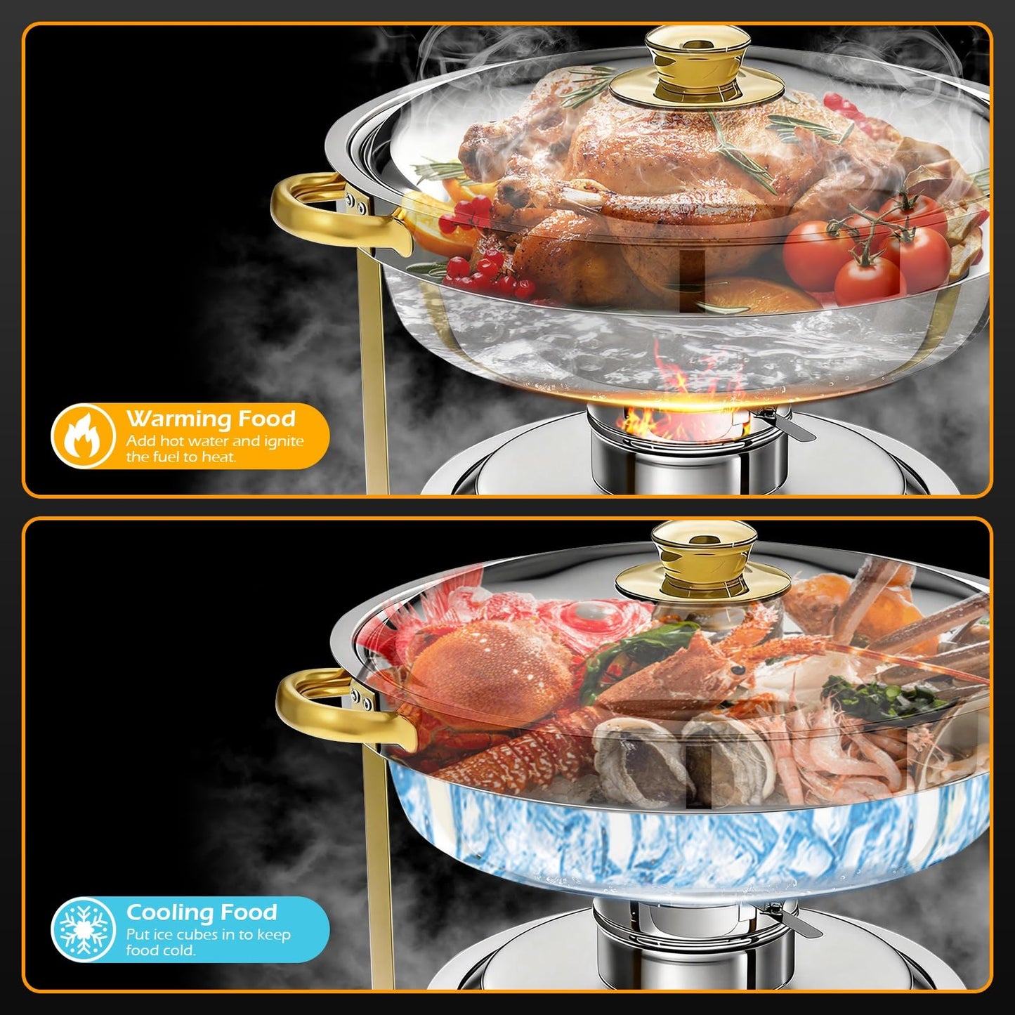 POWERFUEL Chafing Dishes for Buffet, 4 Pack 6QT Round Stainless Steel Chafers Sets with 4 Serving Tongs, Rolled-Edge Food Warmers for Parties, Catering, Weddings, Events Dinners