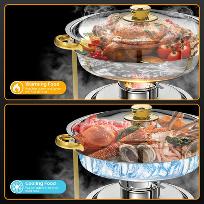 POWERFUEL Chafing Dishes for Buffet, 4 Pack 6QT Round Stainless Steel Chafers Sets with 4 Serving Tongs, Rolled-Edge Food Warmers for Parties, Catering, Weddings, Events Dinners