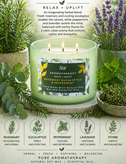 Rosemary Eucalyptus Peppermint 3 Wick Candle for Home Scented | 15.8 oz Large Soy Candle | Spa Aromatherapy Candles for Home Stress Relief | Clean Burn | Gift for Women & Men