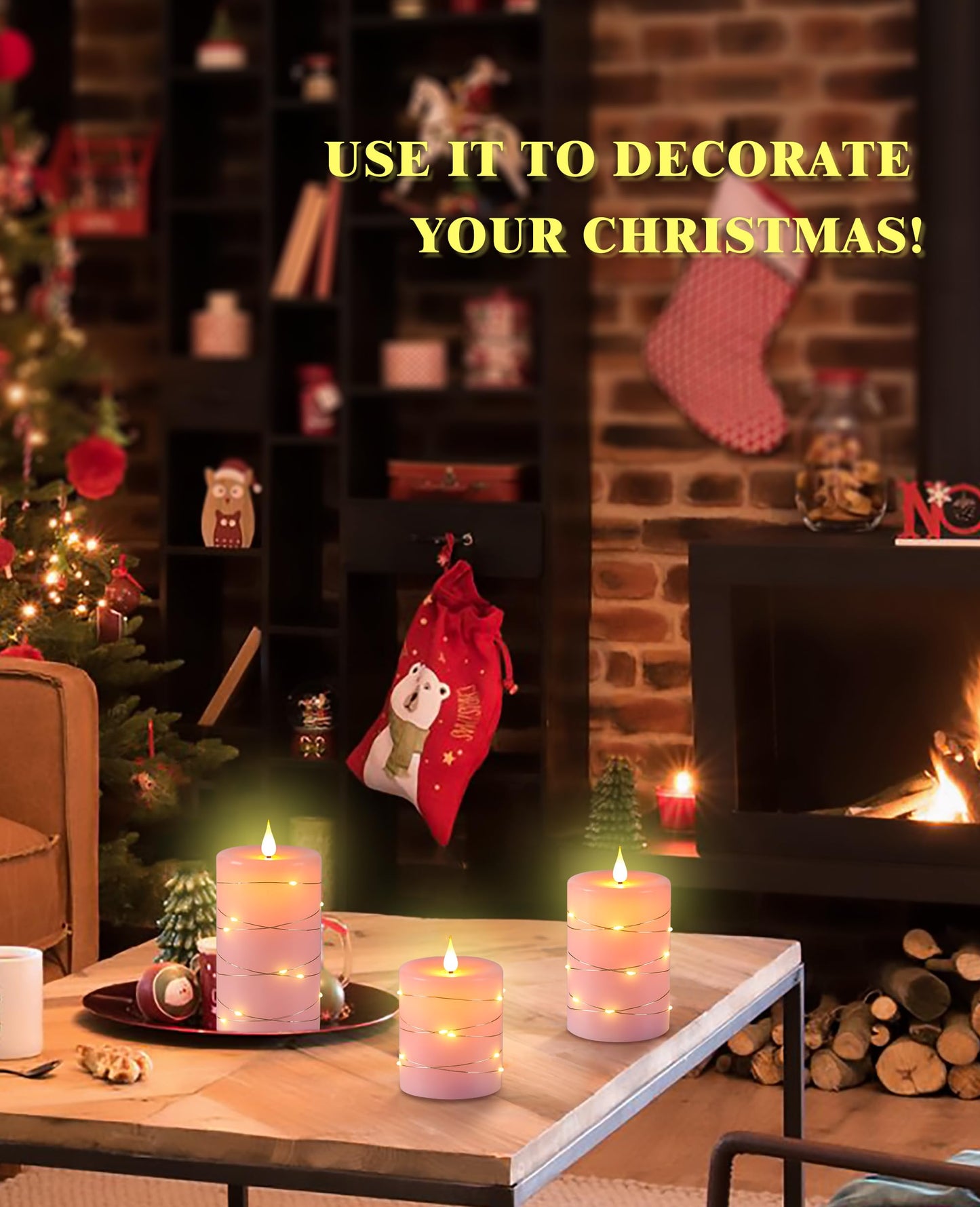 Upinmz Flickering Flameless Candles with Embedded String Lights, Battery Operated Candles with Remote Control and Timer,LED Candles for Home Decoration,Real Wax, 3 Pack Pink