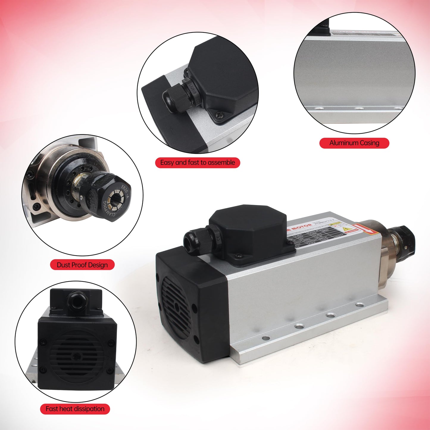 CNCTOPBAOS 2200W 220V CNC Router Spindle Motor,Square 2.2KW Air Cooled Spindle Motor ER20 400Hz 24000rpm 4 Bearings for CNC Milling Machine Engraving Cutting Wood,Plastic,Aluminum,Acrylic,PVC etc
