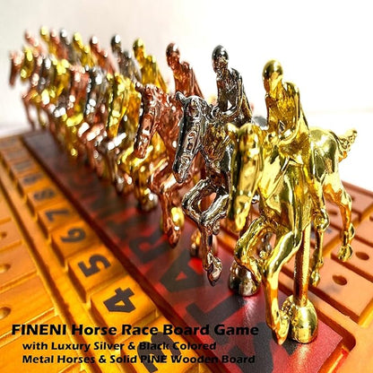Horse Racing Game for Adults - 11 Luxurious Metal Horses (Silver Black Rose Gold) 16 Dark Pine Wood Race Board Dice &amp Card Included (Dark Color)