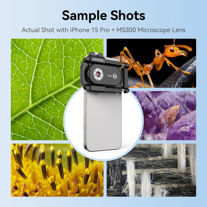 APEXEL 300X Phone Microscope Lens, Phone Camera Micro Lens with Universal Clip/LED Light/CPL, Mini Pocket Microscope, Phone Lens Attachment Fit for iPhone 17/16/15/14/13, Samsung, and Most Smartphone