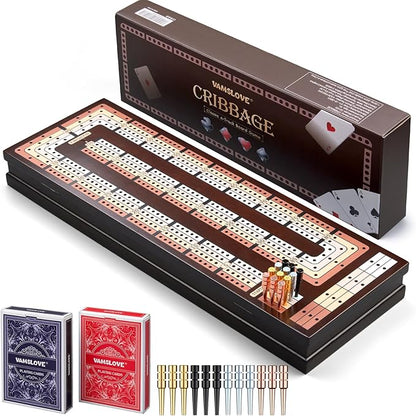 VAMSLOVE Upgraded Wooden 4-Track Cribbage Board Game Magnetic Scoreboard with Large Slots for Storing 2 Playing Cards and 12 Metal Pegs Travel Family Game Night (Instruction Included)