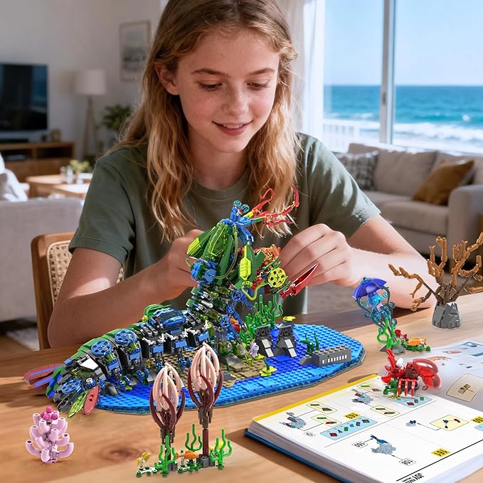 Mechanical Mantis Shrimp Building Block Sets 1843 Pcs Sea Creatures Building Toys with Miniature Undersea Landscape &amp Led Light 18.11x9.45x9.84in DIY Model Kit for Adults Teens 14+