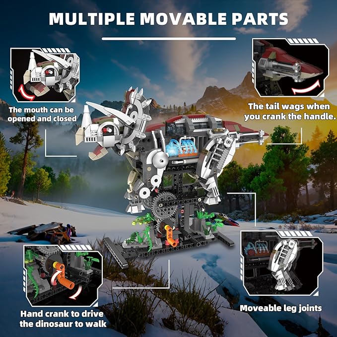 Mechanical Triceratops Dinosaur Building Set with Lights Rotatable Components &amp Display Stand STEM Building Set for Boys 8-14 Home Office Decor for Adults Mechanical Enthusiasts（715PCS）