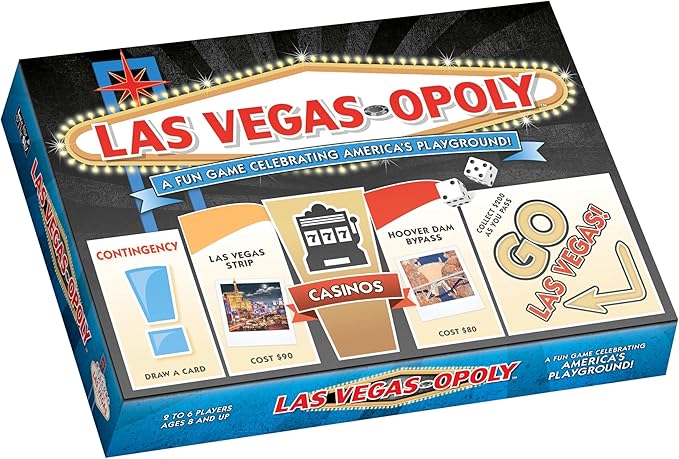 Late for The Sky Las Vegas-Opoly Property Trading Board Game – Vegas Theme Family Party Game for 2-6 Players Ages 8+ Tokens Dice Cards City Blocks and Keys to The City