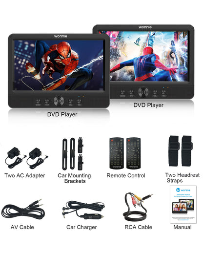 WONNIE 10.5" Two DVD Players Dual Screen for Car Portable CD Player, Play a Same or Two Different Movies with Two Mounting Brackets, 5-Hour Rechargeable Battery, Support USB/SD Card Reader
