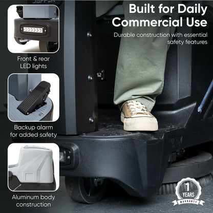 Battery Powered Ride-On Commercial Floor Scrubber Machine, 22" Brush, 31.5" Squeegee Width, 19 gal Solution Tank, 20 gal Recovery Tank, 5 hr Use 7 hr Charge, 200 RPM, 48,400 Sqft/H, Batteries Included