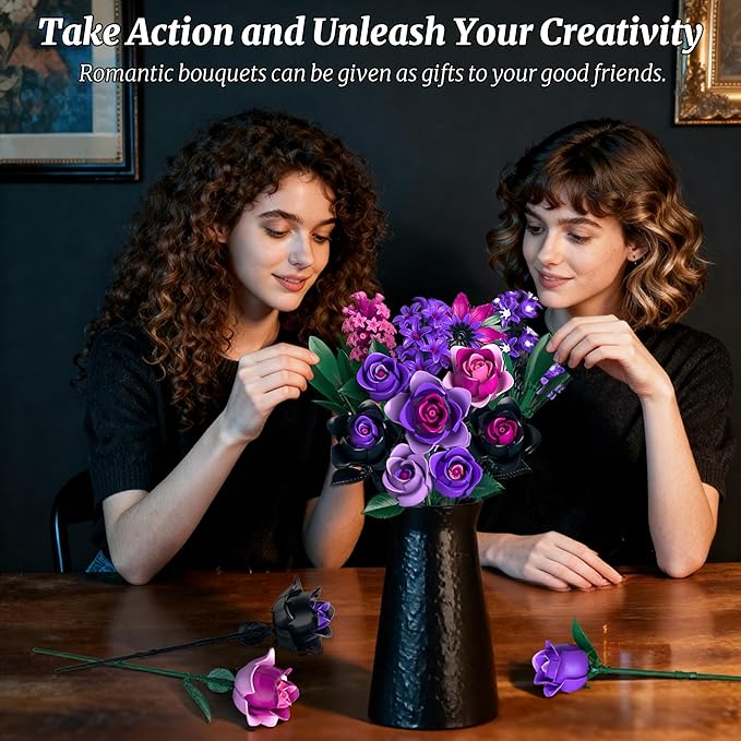 Purple Rose Bouquet Building Set: Compatible with Lego Flowers for Adults Women Gothic Artificial Botanical Collection Halloween Christmas Valentine's Gifts Home Decor
