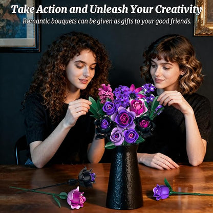 Purple Rose Bouquet Building Set: Compatible with Lego Flowers for Adults Women Gothic Artificial Botanical Collection Halloween Christmas Valentine's Gifts Home Decor