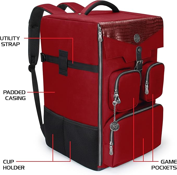 ENHANCE Collector's Edition Board Game Backpack - Reinforced Rigid Board Game Storage with Padded Shoulder Straps Carrying Handle and Accessories Pockets for Dice Card Games More (Dragon Red)