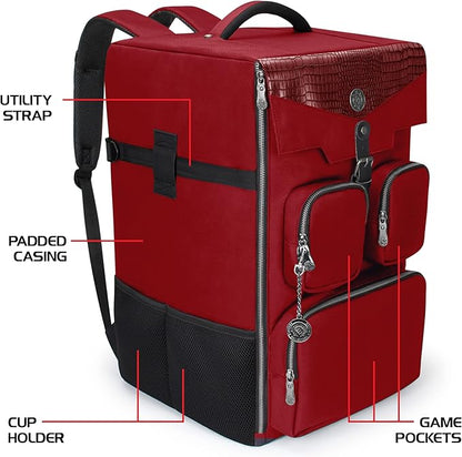 ENHANCE Collector's Edition Board Game Backpack - Reinforced Rigid Board Game Storage with Padded Shoulder Straps Carrying Handle and Accessories Pockets for Dice Card Games More (Dragon Red)