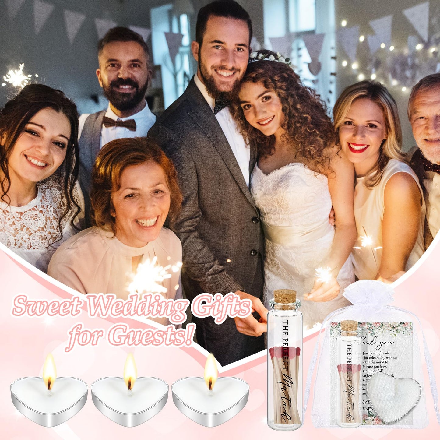 Wovnet 50 Sets Wedding Party Favors for Guests Bulk Including Heart Shaped Candles and Empty Matches Jars with Cork Top Thank You Cards and Organza Bags for Wedding Bridal Shower Party (Flower)
