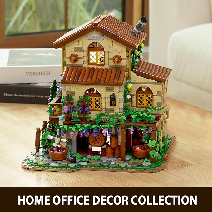 Winery Chateau House Building Set with Lights Vineyard Castle Construction Model Home Decor 1826 PCS Vine Estate Autumn Cabin Building Block Kit Birthday Gift for Adults Teens Boys Girls