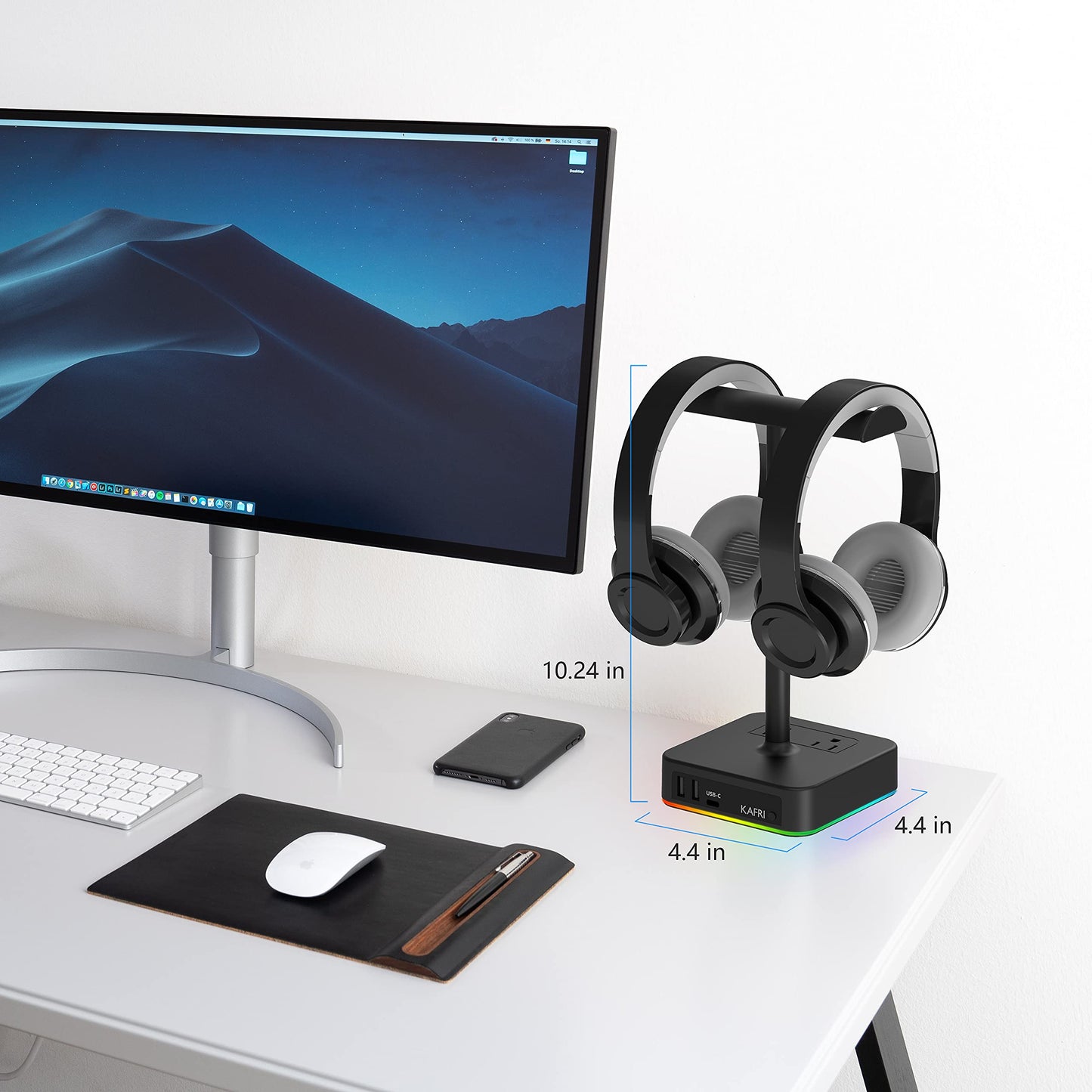 KAFRI RGB Dual Headphone Stand with USB C Charger Desk Gaming Double Headset Holder Hanger Rack with 3 USB Charging Port and 2 Outlet - Suitable for Gamer Desktop Table Game Earphone Accessories Gift