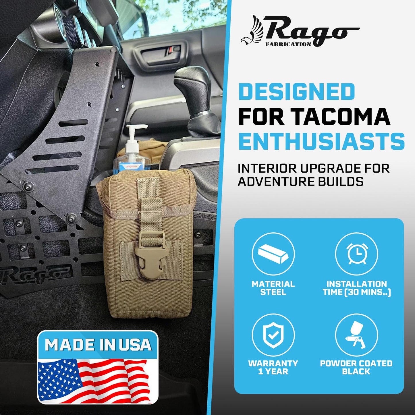 Rago Fabrication Center Console Molle Storage Panel Compatible with 3rd Gen Tacoma 2016-2023 - Pickup Interior Organizer, Modular Gear Mount System for Tablets & GPS