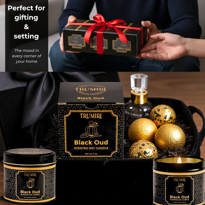 Black Oud Candle Highly Scented Soy Candel Natural Non Toxic Velas Aromáticas Gift for Men 5Oz Decorative Tin Jars with Lids Pack of 3