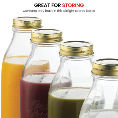 Bormioli Rocco Quattro Stagioni Glass Milk Bottle 33.75 Ounce/1 Liter with Airtight Lid, Great For Kombucha Brewing Bottle, Beer, Homemade Juicing, Smoothies, Beverages, Durable Construction. (6 Pack)