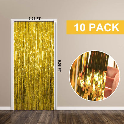 10 Pack Foil Curtain Backdrop Gold Metallic Tinsel Foil Fringe Curtains Photo Booth Props for Birthday Wedding Engagement Baby Shower Bachelorette Christmas Holiday Celebration Party Decorations