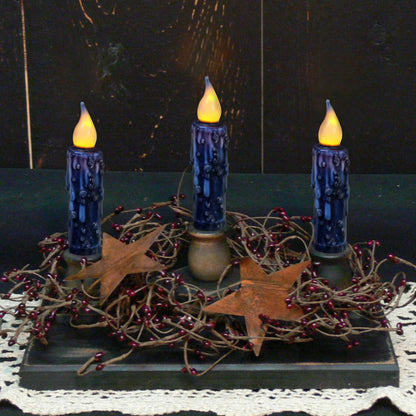 CVHOMEDECO. Real Wax Hand Dipped Battery Operated LED Timer Taper Candles Rustic Primitive Flameless Lights Decor, 4-3/4 Inch, Navy Blue, 2 PCS in a Package