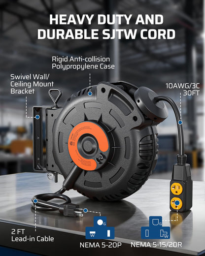 DEWENWILS 20Amp Retractable Extension Cord Reel, 30FT 2500W Heavy Duty Power Cord Reel, 10AWG/3C SJTW Industrial Cable, 4 Grounded Outlets, 180° Swivel Bracket for Garage Workshop Construction Site