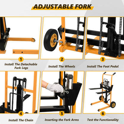 Manual Hydraulic Pallet Stacker – 43.3” Lift Height, 440 lbs Capacity, Adjustable Forks, 2-in-1 Forklift & Flatbed Cart for Warehouse, Retail, Garage
