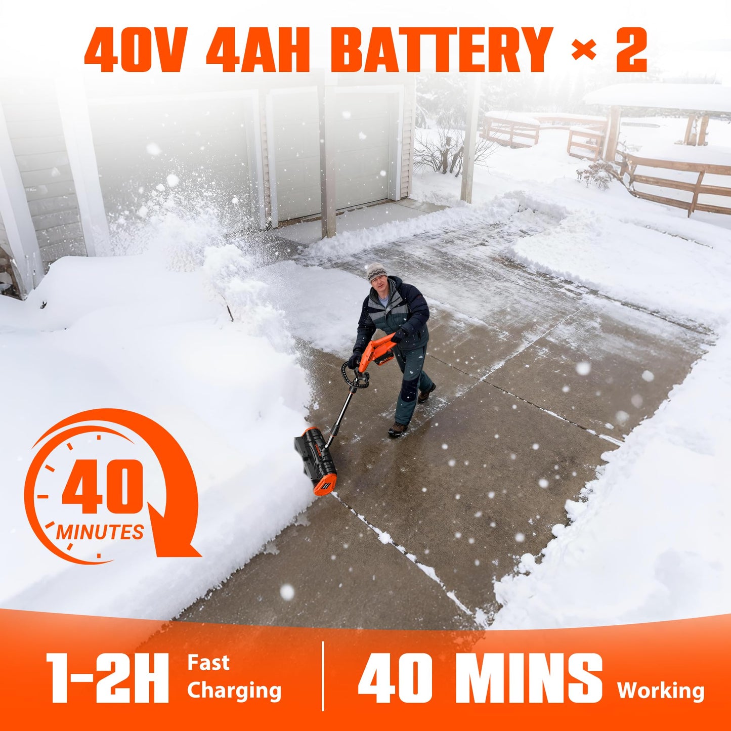 40V Cordless Snow Shovel, 13-Inch | 2 x 40V 4.0A Battery Powered Snow Blower, Powerful Brushless Electric Snow Shovels with Quick Charger & Directional Plate for Pathway, Patio, Deck, Driveway