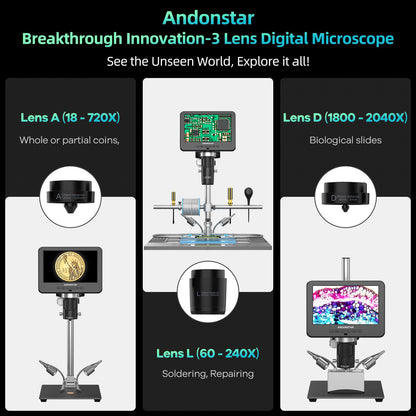 Andonstar AD246S-M Plus 7'' HDMI Soldering Digital Microscope for Electronics Repair, 2000x 3 Lens 2160P UHD Video Record, Soldering Microscope Station with Helping Hands, Coin Full View 32GB Card
