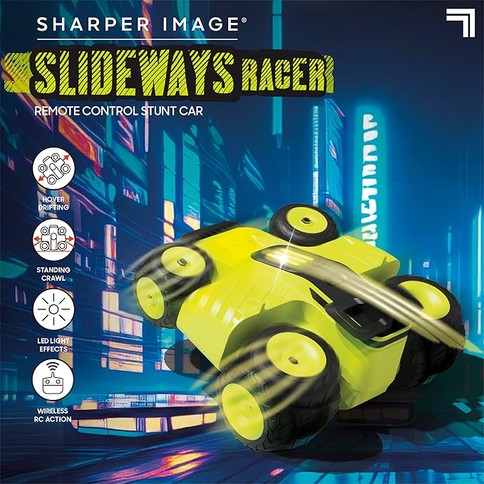 Sharper Image® Slideways Racer – Drifting Stunt RC Car with Rechargeable Battery 3 Driving Modes 90-Degree Wheel Rotation LED Lights 2.4 GHz Remote Control High-Speed RC Stunt Car Toy for Ages 6+