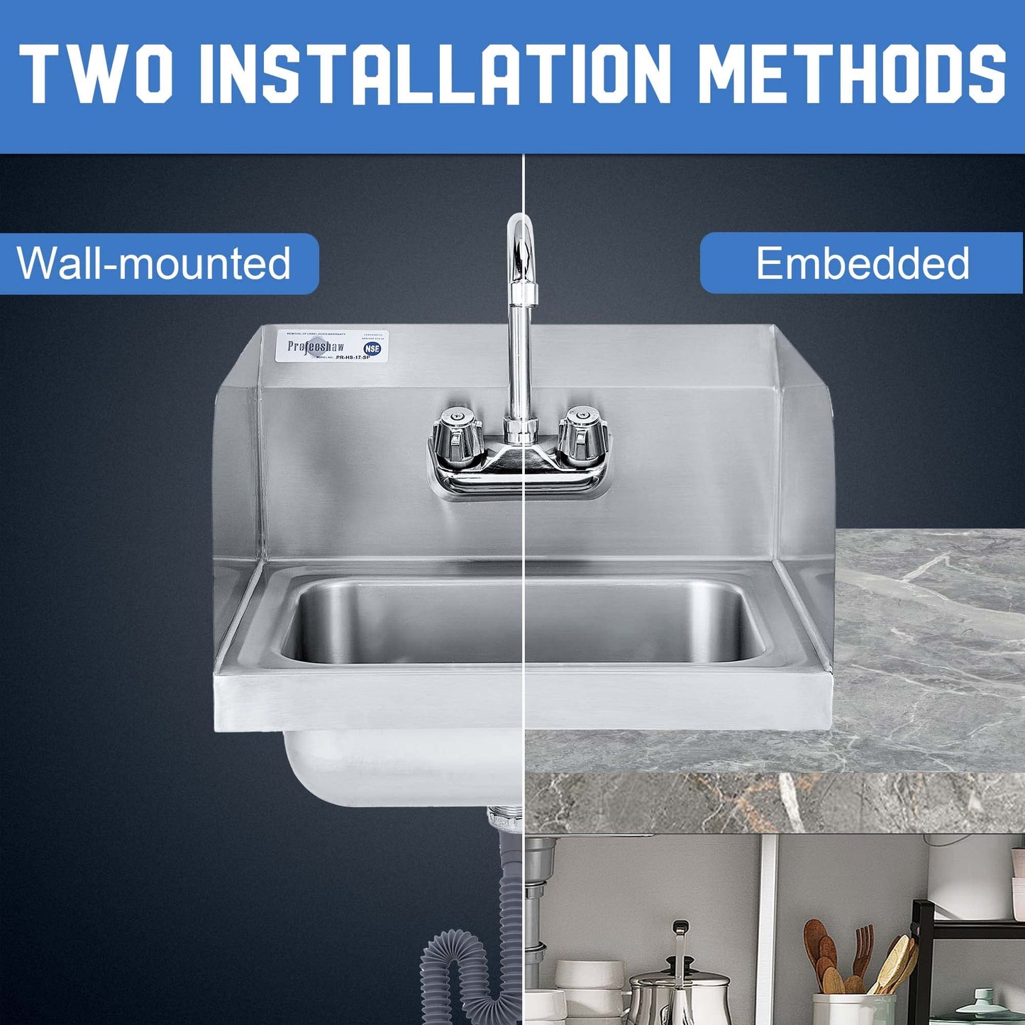 Profeeshaw Commercial Hand Sink with Side Splash Guards, Wall Mount Utility Sink, 304 Stainless Steel Wash Basin with Gooseneck Faucet and Drain Basket for Restaurant and Bar, 17 x 15 Inch