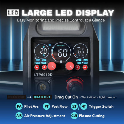 LOTOS Apex LTP6010D 60A Plasma Cutter, Drag-Cut Ready & Up to 20% Faster, 5/8" Clean (3/4" Sever), Non-Touch Pilot Arc, New-Design Torch, Dual-Voltage 110/220V, LED Panel, Front Regulator