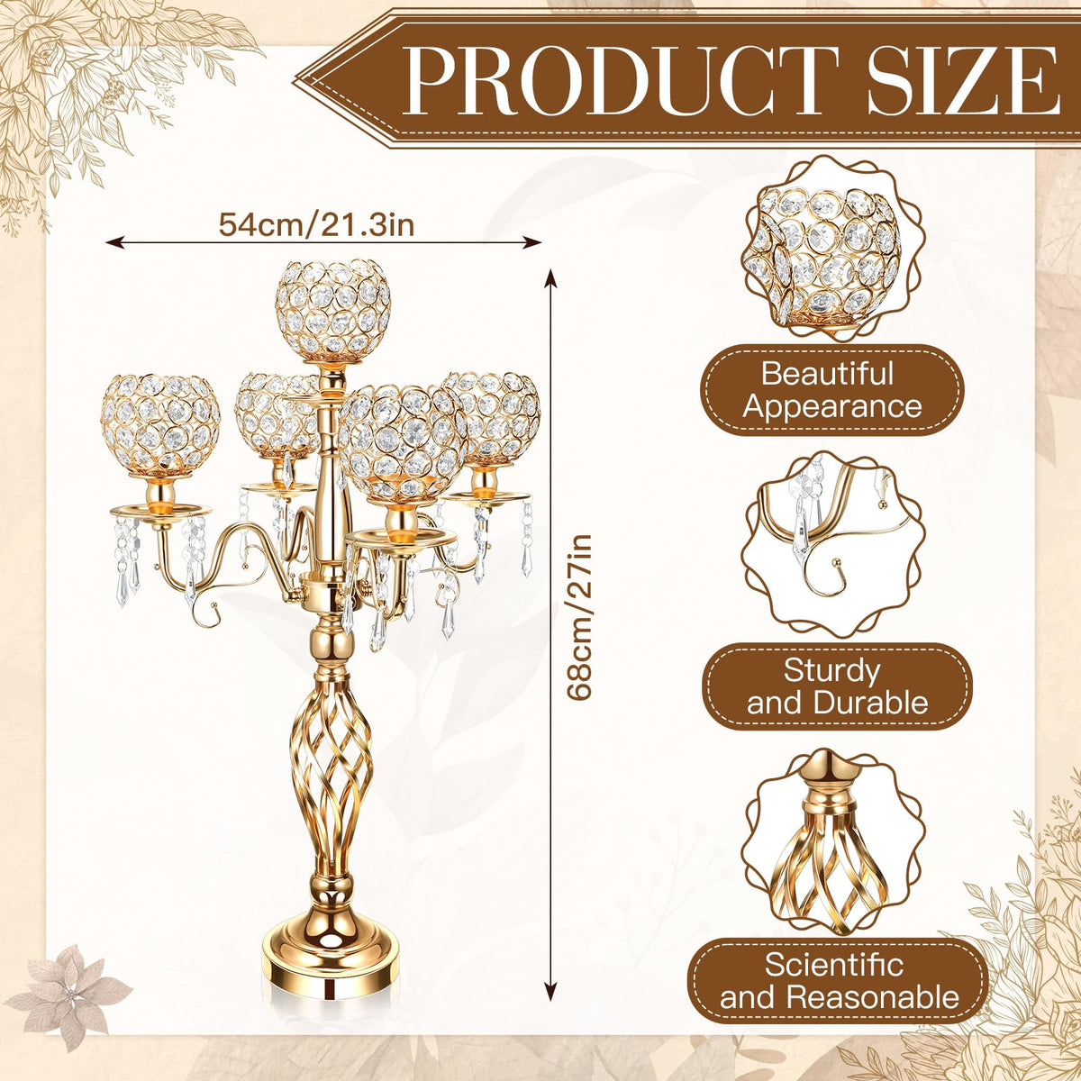 Nitial 4 Pcs 5 Arm Crystal Candelabra Centerpieces for Table 27 Inch Retro Victorian Crystal Candle Holders Bowl Table Centerpieces Decor for Wedding Banquet Valentine Dinner Party Event (Gold)